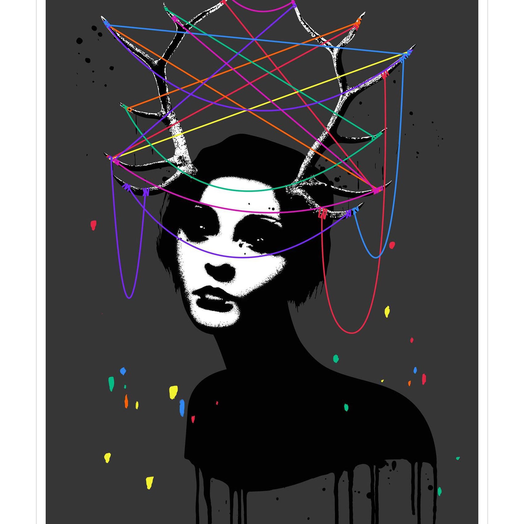 A hand-pulled screen print by Eelus features a black silhouette with abstract antlers in a surreal style. Colorful threads create a web between the antlers on a dark, paint-splattered backdrop. Each print is signed and numbered, ensuring exclusivity.