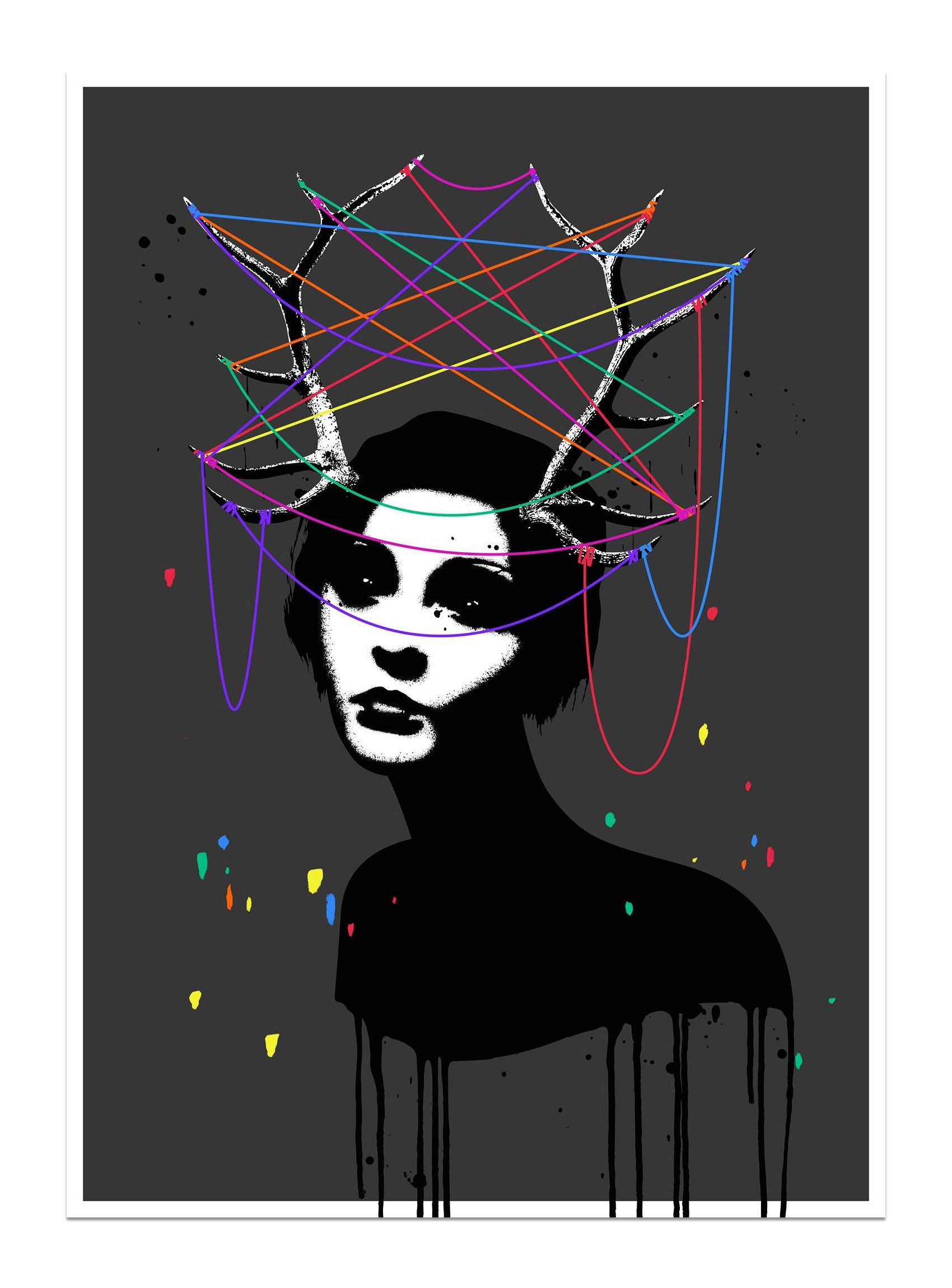 A hand-pulled screen print by Eelus features a black silhouette with abstract antlers in a surreal style. Colorful threads create a web between the antlers on a dark, paint-splattered backdrop. Each print is signed and numbered, ensuring exclusivity.