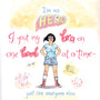 An Erin Gallagher illustration shows a person in a blue shirt, shorts, and boots, standing hands on hips. Text states, Im no hero, I put my bra on one boob at a time - just like everyone else, surrounded by mixed media doodles like a unicorn and teddy bear for an art show feel.