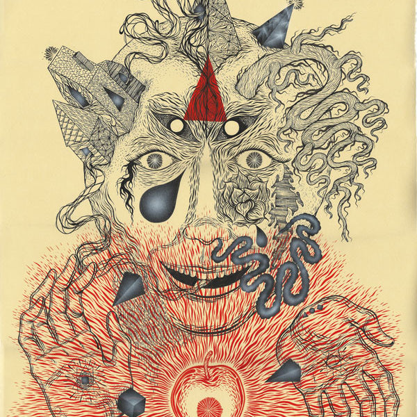 Justin Lovatos surreal artwork features an abstract face with swirling hair, geometric shapes, and an Apple of Discord at the bottom. The intricate red lines radiate outward from the apple. A pointed hat adorns the face, set against a muted beige background, all in ink on paper.