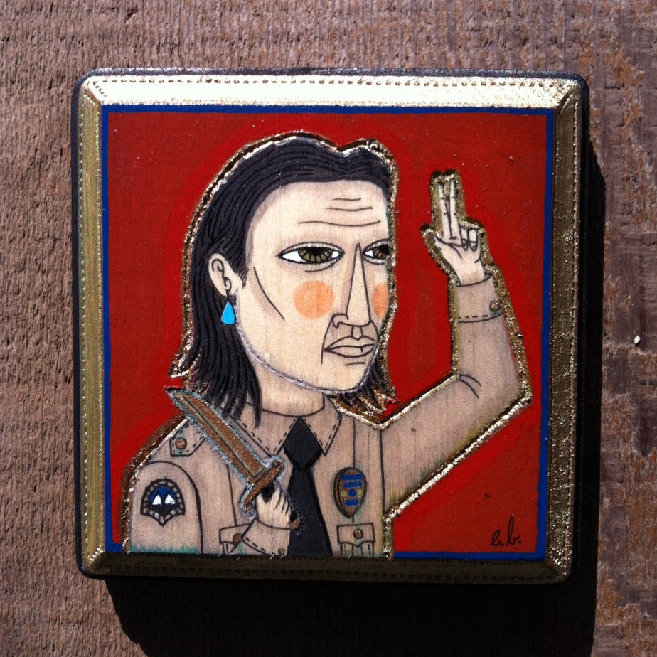 This Evan Harris mixed media painting depicts a person in uniform with a badge, fingers held up, and sporting long hair. The character has a serious expression, rosy cheeks, and a blue teardrop on a vivid red backdrop with a decorative border, capturing Agent Coopers enigmatic aura.