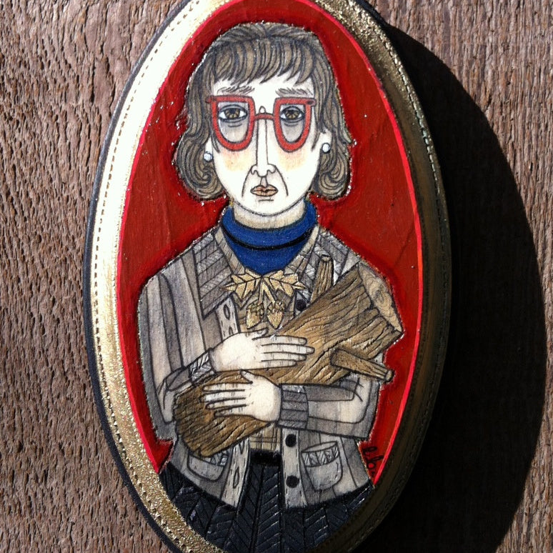 Evan Harris presents a mixed media illustration of the Log Lady: gray hair, red glasses, checkered jacket, blue turtleneck, holding logs. It features a textured hand-painted design with a vibrant red background and gold border.