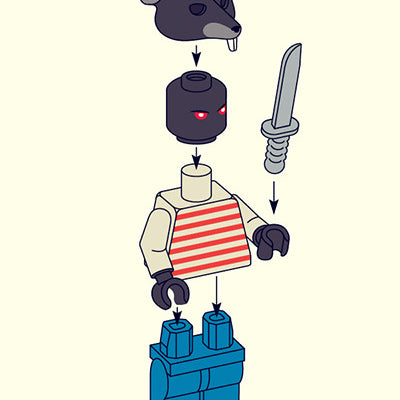 Matt Chases archival pigment print showcases a LEGO-style assembly: a rat head, headpiece, and sword float above a torso in a red and white striped shirt with arms, all poised over blue pants. Arrows guide the assembly in this captivating artwork edition.