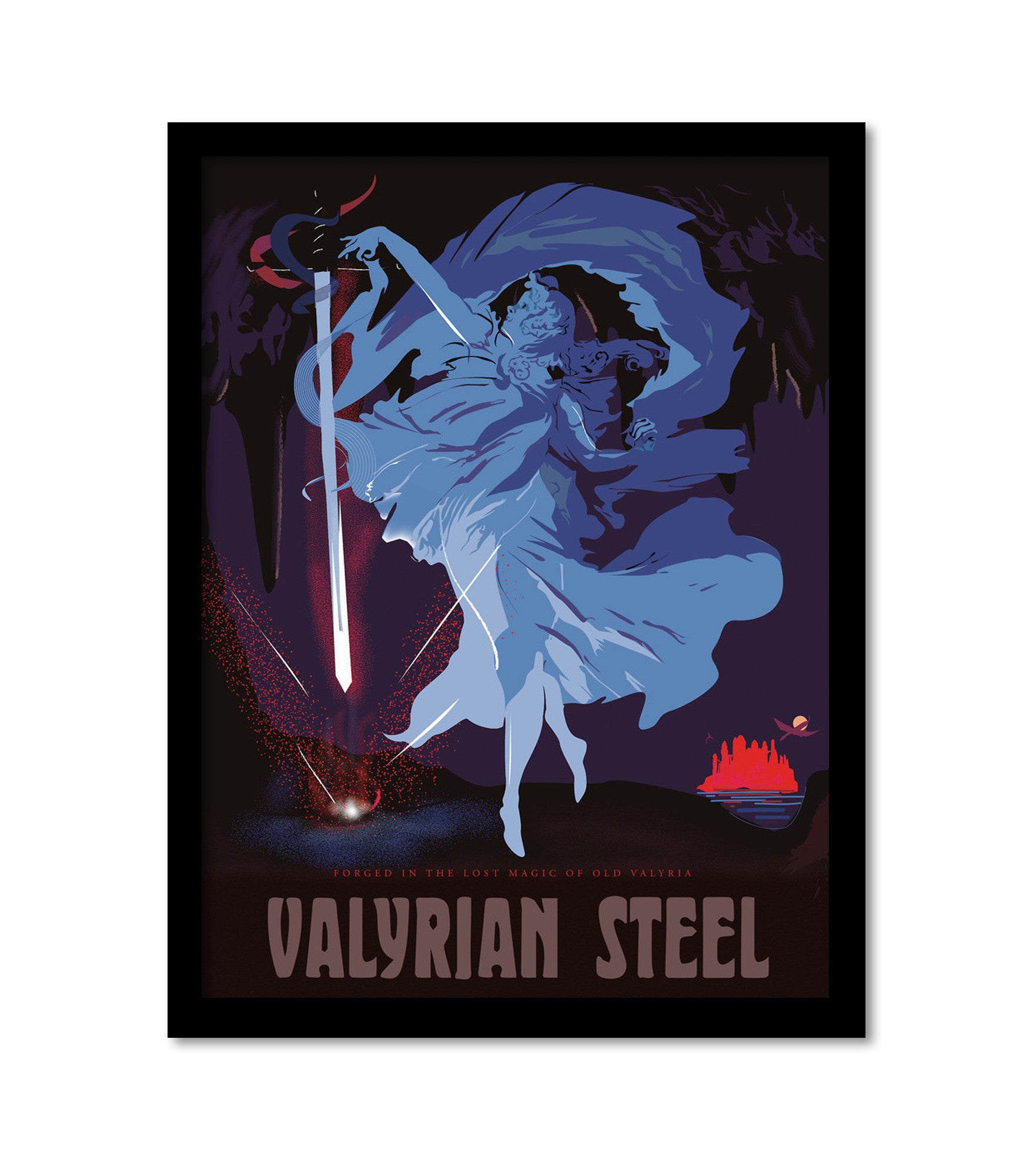 This fine art lithograph by Fernando Reza, titled Valyrian Steel, depicts a mystical figure with a glowing sword, radiating magic against red-orange embers in a dark cave. Custom framing options enhance its enchantment.