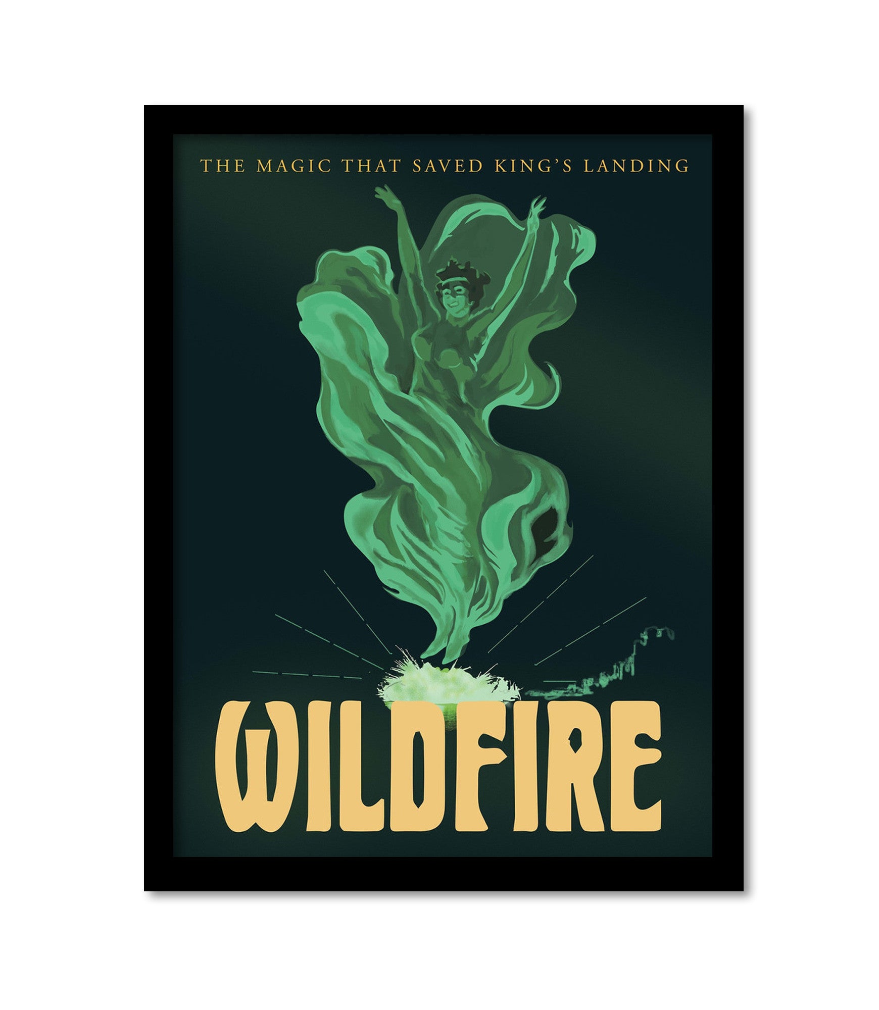 Fernando Rezas captivating lithograph features a green flame figure with The Magic That Saved Kings Landing at the top and Wildfire below. Against a dark background, this Wildfire art offers an enchanting touch to any space, especially with custom framing options.