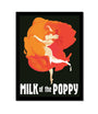 Fernando Rezas art deco lithograph features a dancing woman with garments reminiscent of orange poppy petals. Milk of the Poppy is boldly printed in white on a black background, ideal for custom framing to highlight its elegance.