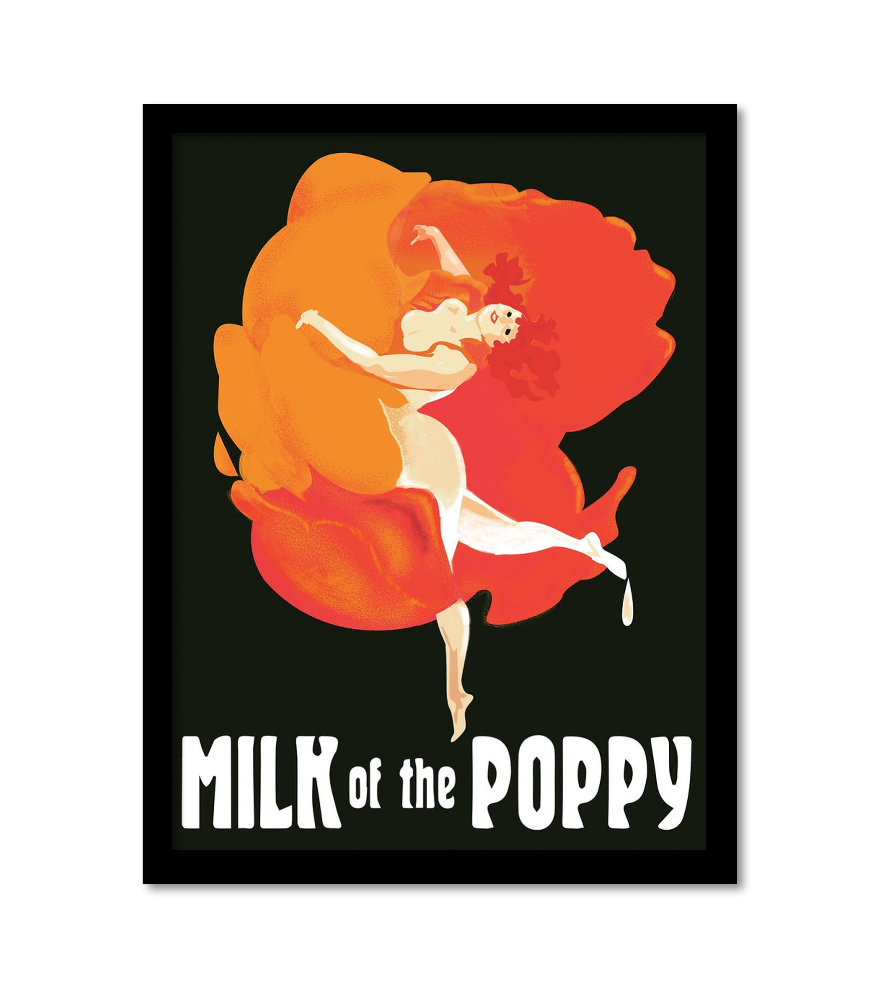 Fernando Rezas art deco lithograph features a dancing woman with garments reminiscent of orange poppy petals. Milk of the Poppy is boldly printed in white on a black background, ideal for custom framing to highlight its elegance.