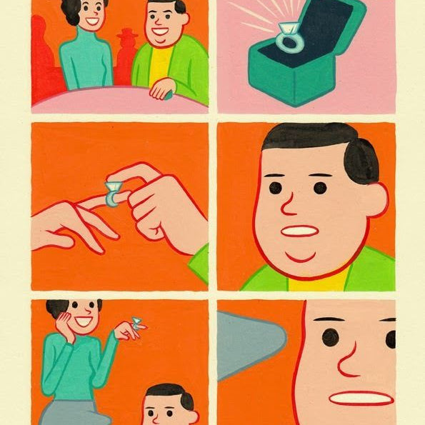 Joan Cornellàs comic strip is limited to 100 editions. It depicts a man proposing with a ring, his partner smiling, wearing it, then flipping him off. The mans shocked expression in the final panel highlights Cornellàs colorful and exaggerated art style signature of this fine art giclee.