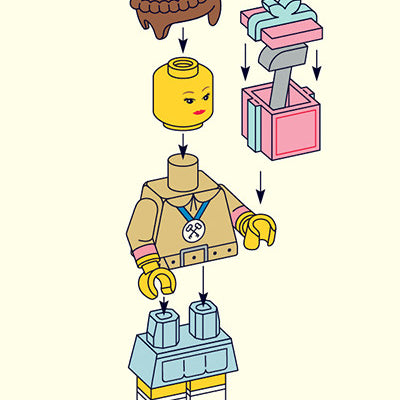 Matt Chases archival pigment print illustrates assembling a LEGO figure: Agatha. She has brown hair, a tan torso with a medal, yellow hands, blue pants with black boots, and holds a pink gift box with a blue ribbon. Arrows guide the sequence.