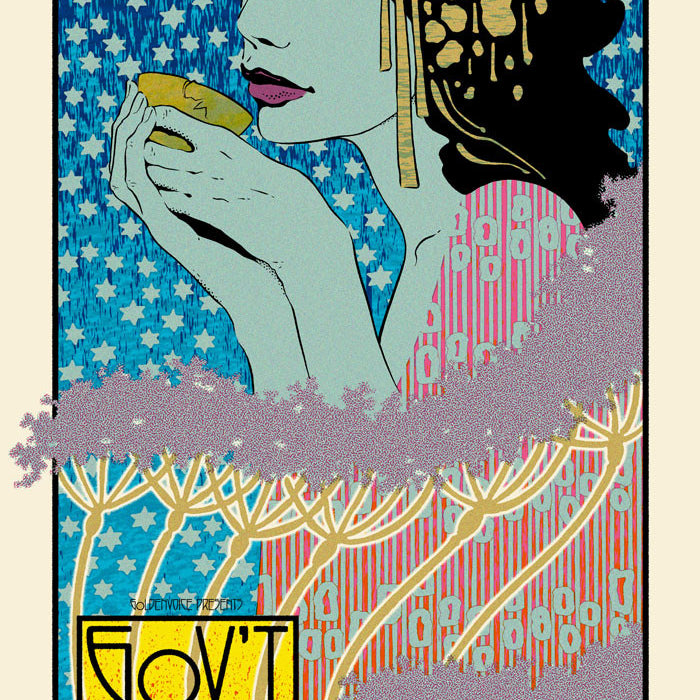 A stylized Chuck Sperry poster features a woman with long dark hair and an ornate gold headpiece, holding a cup. Set against blue stars and red-orange stripes backdrop, the text highlights Govt Mule, The Revivalists, and 2012 The Vic Theatre.