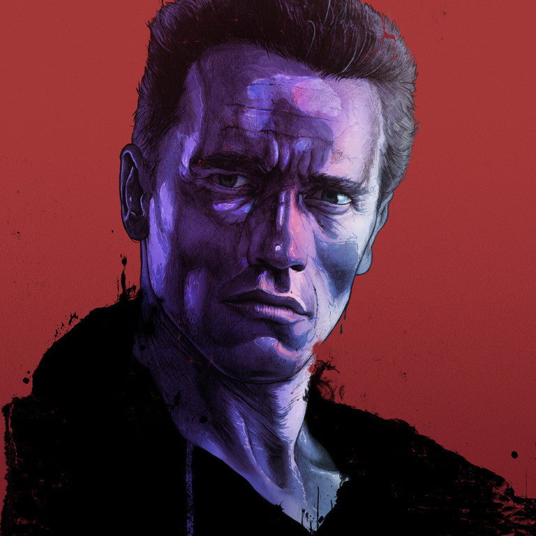 A digitally illustrated portrait by Grzegorz Domaradzki shows a serious man with short hair lit in blue and purple on a solid red background. The dramatic expression captured as a fine art giclee print on watercolor paper enhances its limited edition appeal.