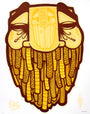 A GATS-inspired screen print showcases abstract art with a stylized face in yellow and brown, featuring closed eyes, intricate details, and a feathered beard design. Ornate patterns accentuate the crisp white background.