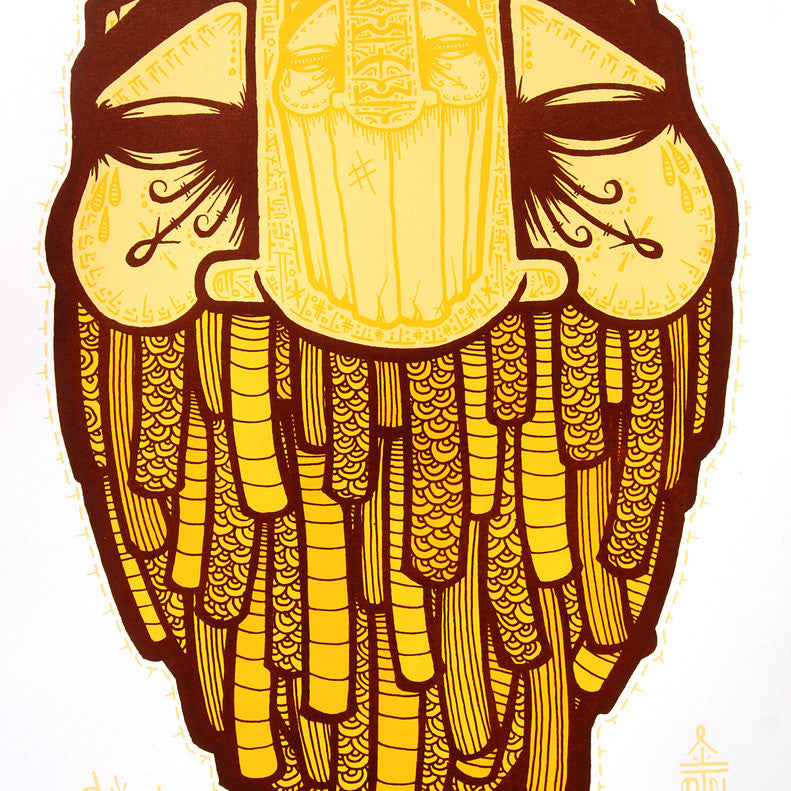 A GATS-inspired screen print showcases abstract art with a stylized face in yellow and brown, featuring closed eyes, intricate details, and a feathered beard design. Ornate patterns accentuate the crisp white background.