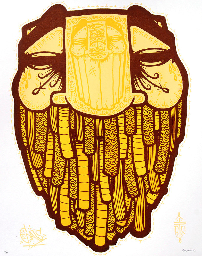 A GATS-inspired screen print showcases abstract art with a stylized face in yellow and brown, featuring closed eyes, intricate details, and a feathered beard design. Ornate patterns accentuate the crisp white background.