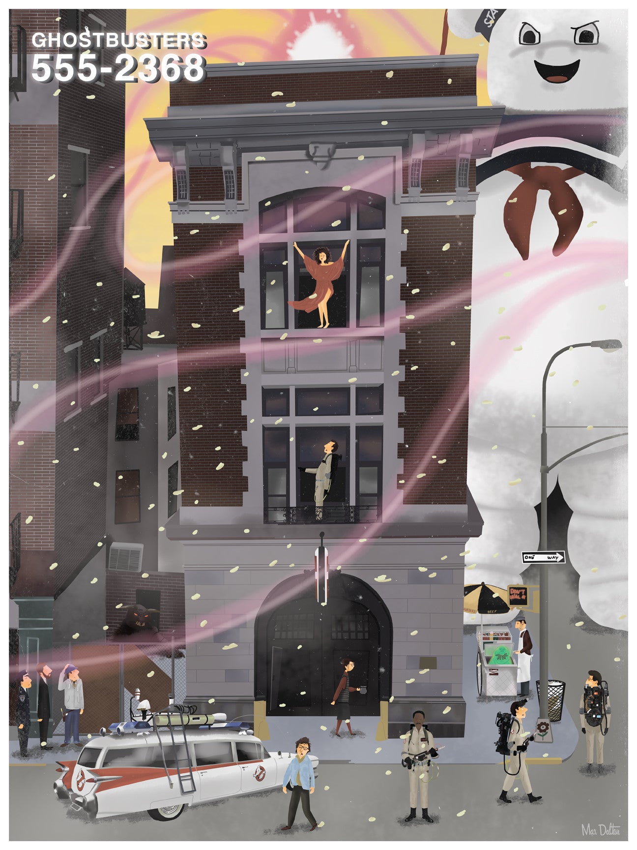 Max Daltons glow-in-the-dark giclee print illustrates a Ghostbusters scene with their headquarters centered, characters on different floors, and a giant marshmallow figure in the background. The top left displays 555-2368.