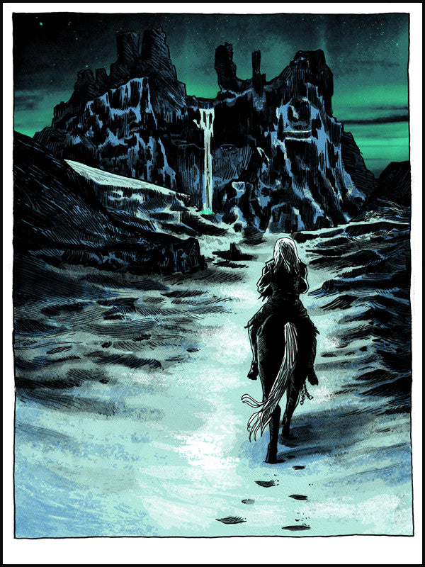 A lone rider in a cloak journeys through the snow on horseback toward jagged mountains under a green-lit sky. This scene feels like an art tribute to the Nights King, expertly captured in a Tim Doyle screen print.