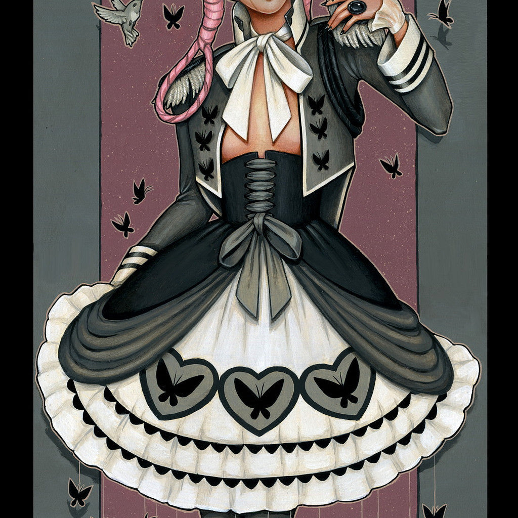 Inspired by Butterfly Lolita, a stylized illustration captures a woman with pink braided hair and a floral hat, dressed in a black and white dress adorned with hearts and butterflies. Surrounded by black butterflies against an ornate pink backdrop, it echoes Glenn Arthurs signature acrylic on panel style.