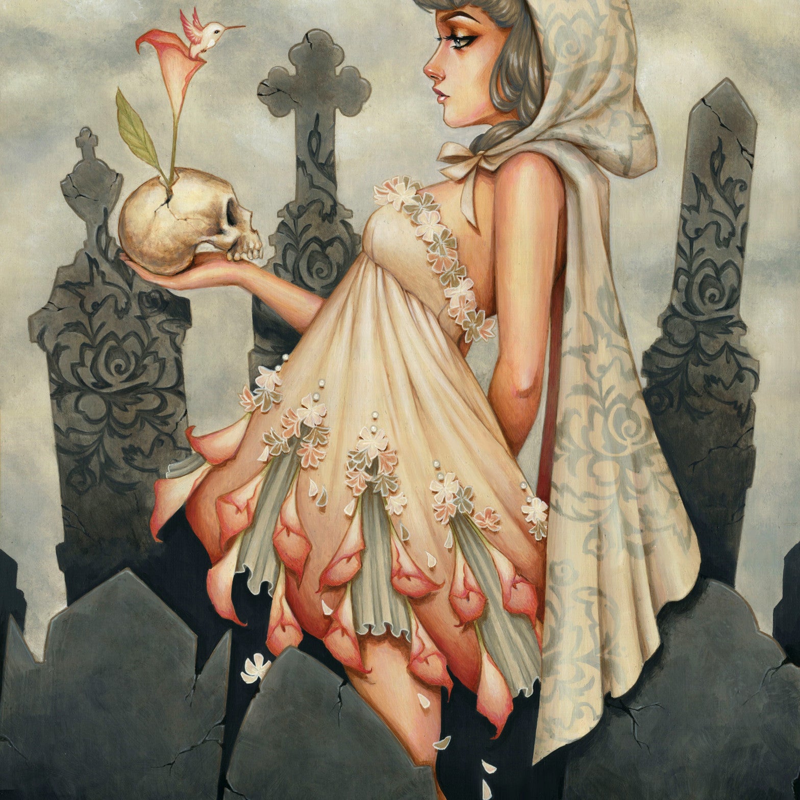 In Glenn Arthurs acrylic on wood for the Supersonic Electronic Invitational, a woman in a floral dress and hood stands under a cloudy sky in a graveyard, holding a skull with a plant atop it, creating an evocative scene amidst dark headstones.