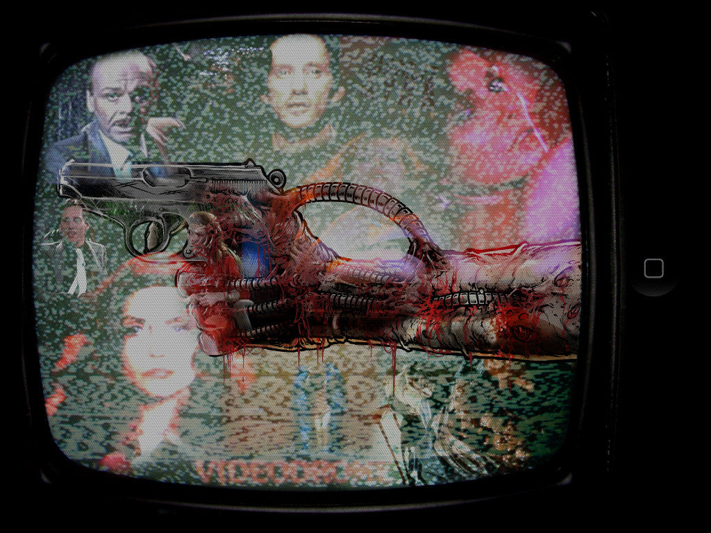 A distorted TV screen shows a cyborg hand holding a gun amid glitchy, vibrant faces. This fine art giclee print on watercolor paper captures surreal chaos and digital corruption, like it was made by Godmachine.