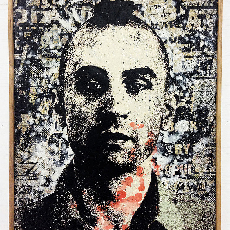 Greg Gossels gritty portrait of a man with a shaved head against graffiti exudes a Travis Bickle vibe. The monochrome palette, accented with red, crafts an urban, edgy scene—a fitting centerpiece for a Scorsese art show tribute.