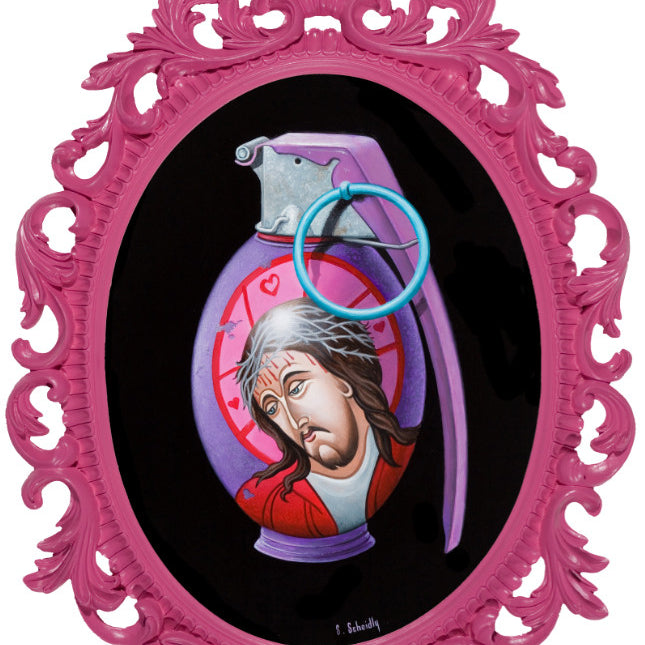 Scott Scheidlys artwork Grenade #3 at Spoke Art Gallery features a pink ornate frame, depicting a purple hand grenade with a thorn-crowned Jesus portrait, hearts, and visible safety pin.