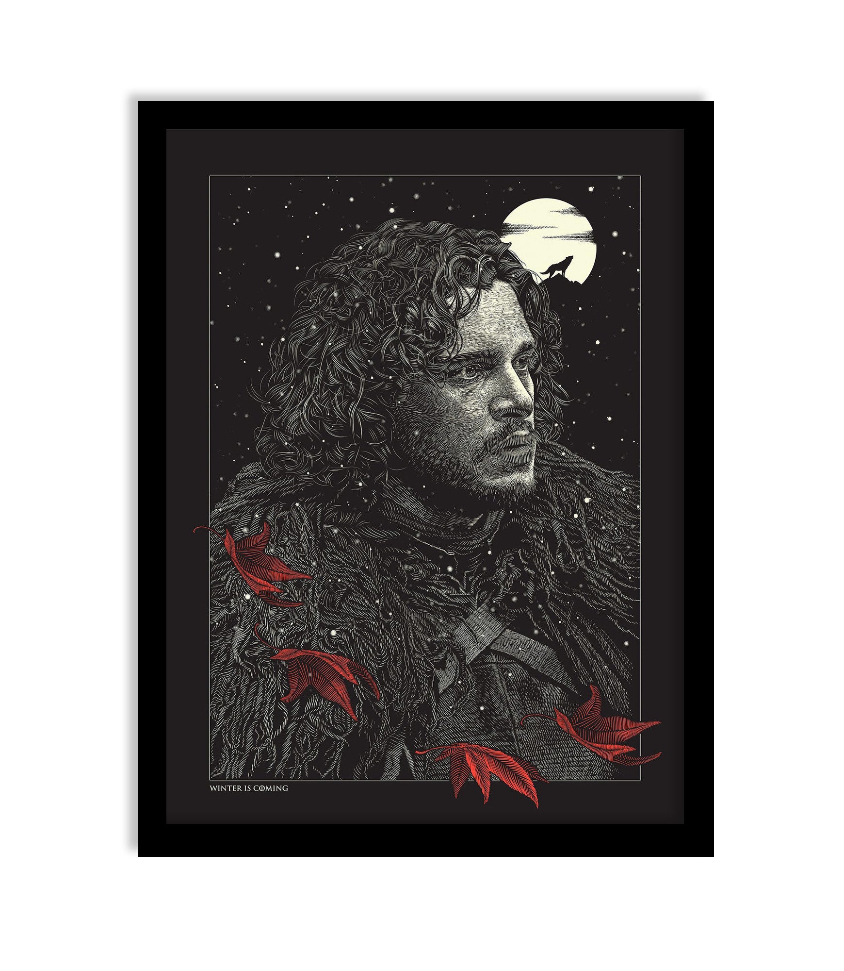 Guillaume Morellecs stylized screen print depicts a person in dark, fur-like attire gazing sideways. Red leaves float in the foreground under a starry sky and full moon, with the phrase Winter is Coming at the bottom, echoing George R.R. Martins renowned words.