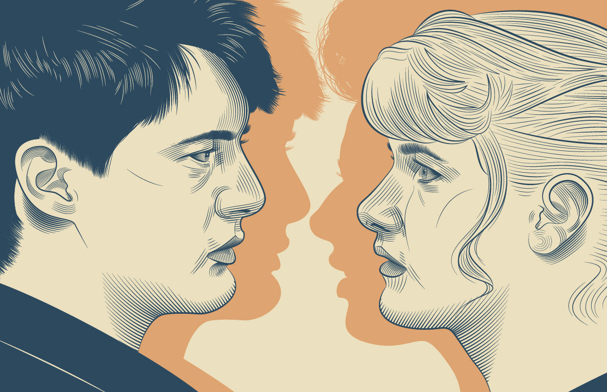 Guillaume Morellecs signature style shines in this fine art giclee, depicting a man and woman facing each other. Enveloped in blue and orange shades, their profiles intertwine with shadows to create a layered effect reminiscent of Blue Velvet, adding depth and intrigue to the composition.