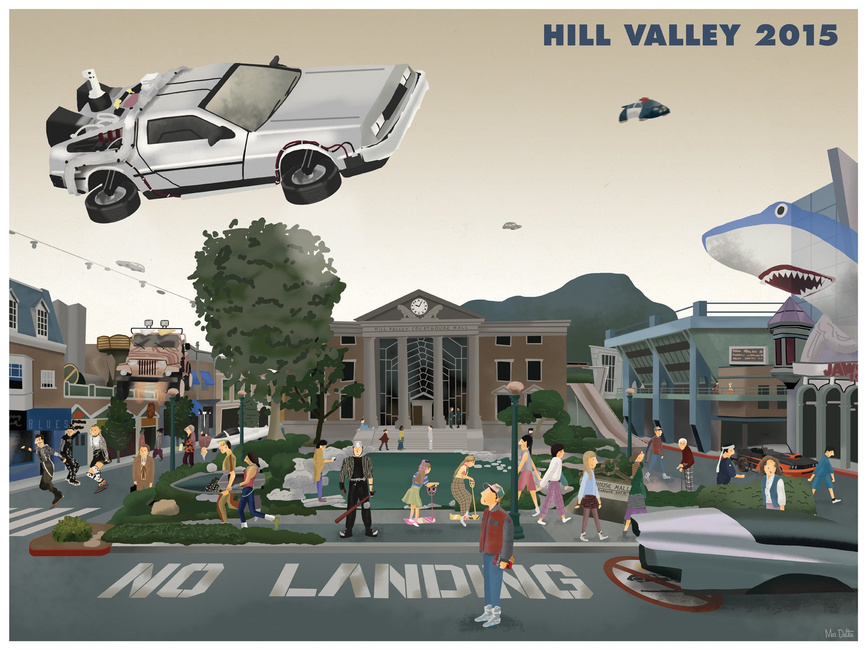 Max Daltons Illustration of Hill Valley 2015 shows the iconic time-traveling car soaring above a NO LANDING zone, with futuristic buildings and characters exploring activities like skateboarding and flying cars in this fine art giclee print.