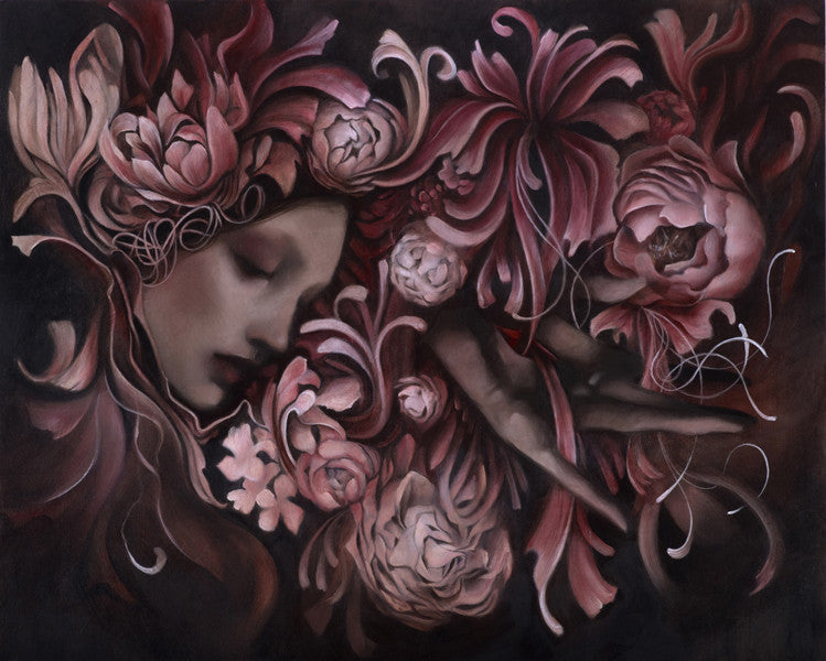 A surreal Craww-style painting shows a womans face partly hidden by swirling pink and red flowers and leaves. Her closed eyes exude peace as intricate florals intertwine around her, enhanced against a dark backdrop, creating vivid colors that appear as if through a veil.