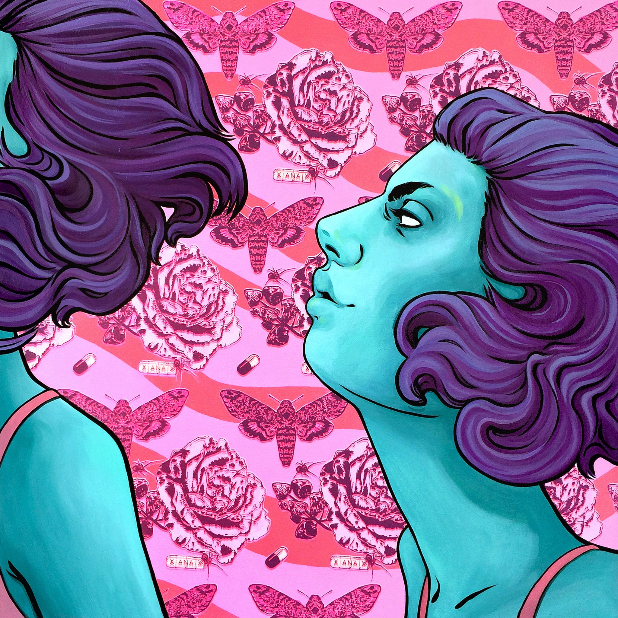 An acrylic and enamel artwork from Haunted Euth & T.S. Claire features two stylized figures with blue skin and purple hair on a pink backdrop adorned with roses, moths, and pills, capturing the signature haunting vibe of T.S. Claires art.