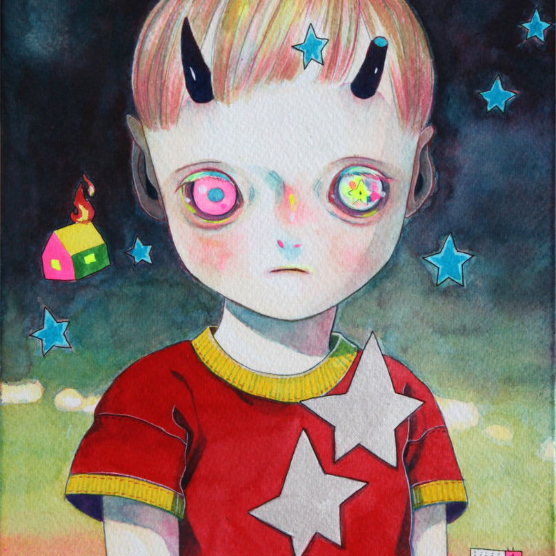 A surreal Hikari Shimoda illustration showcases a short-haired child in a red, star-adorned shirt with colorful eyes and small black horns. Stars and a whimsical house float on a vibrant green-yellow watercolor acrylic background, creating intriguing art for sale.