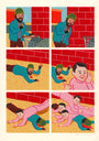 Comic-style art by Joan Cornellà: a bearded man with a bleeding mouth coughs and collapses, while a pink-sweatered character mimics him. This fine art giclee is available custom framed for striking presentation.