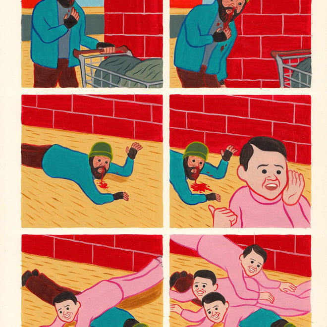 Comic-style art by Joan Cornellà: a bearded man with a bleeding mouth coughs and collapses, while a pink-sweatered character mimics him. This fine art giclee is available custom framed for striking presentation.