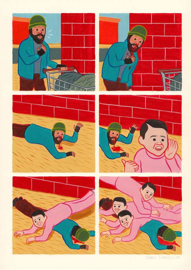 Comic-style art by Joan Cornellà: a bearded man with a bleeding mouth coughs and collapses, while a pink-sweatered character mimics him. This fine art giclee is available custom framed for striking presentation.