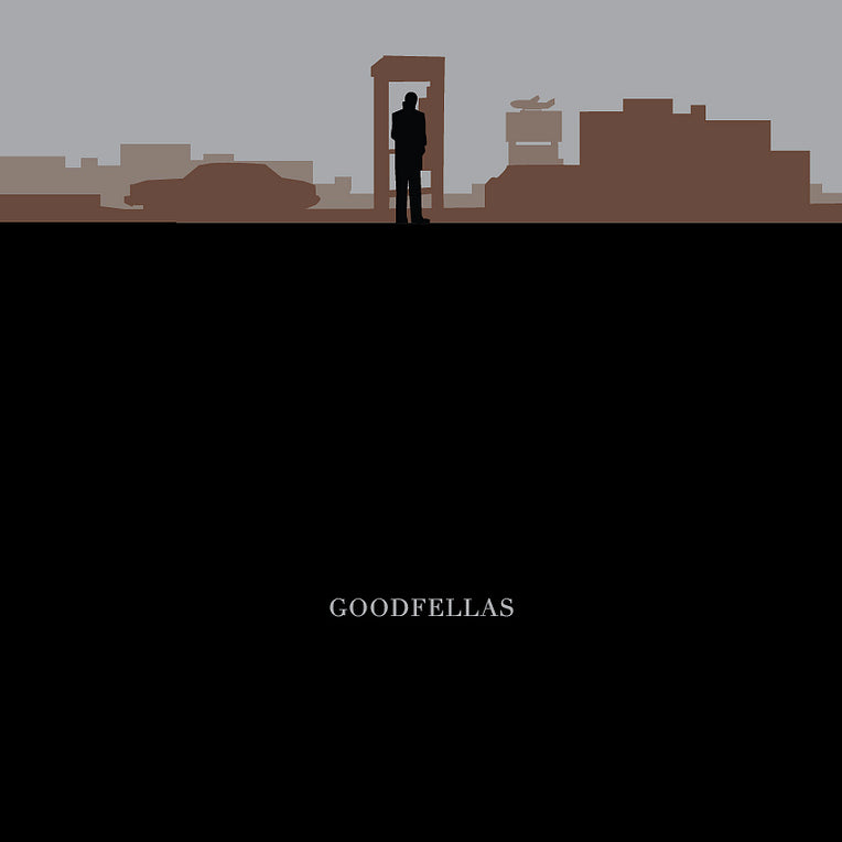 The limited edition screen print by Ibraheem Youssef for Goodfellas embodies Martin Scorsese fan art with a minimalist silhouette of a man near a phone booth, set against a gray skyline, buildings in the background, and GOODFELLAS boldly displayed below.