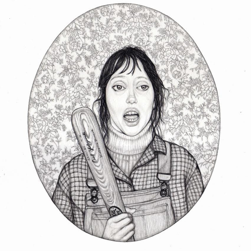 Irma Riveras graphite on paper depicts a person with long hair in a checkered shirt and overalls, holding a baseball bat. Set against a leafy background that accentuates their surprised or fearful expression, this artwork is ideal for enhancing any collection.