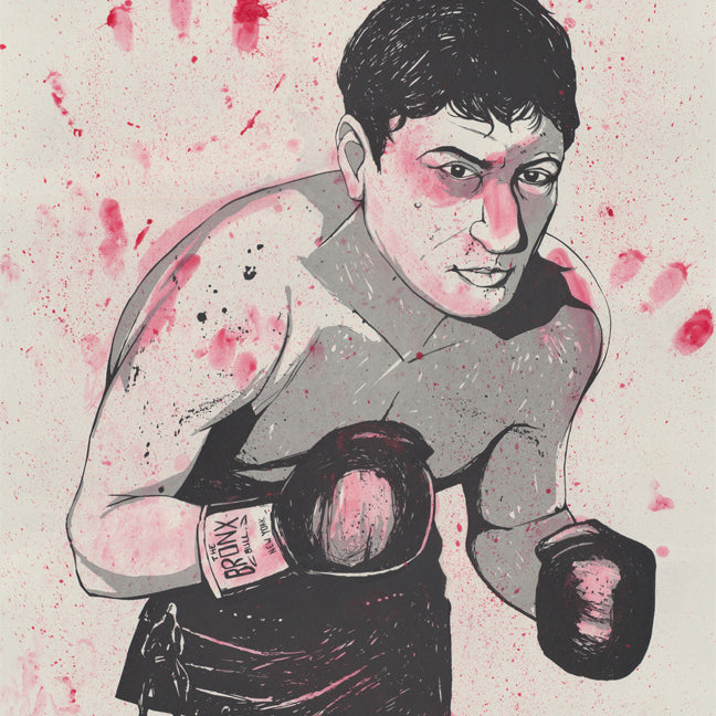 Illustration of a boxer in fighting stance with gloves and shorts, set against a background of splattered red and black ink for a dynamic feel. This limited edition screen print by Isaac Bidwell, inspired by Martin Scorsese fan art, captures his signature cinematic intensity.