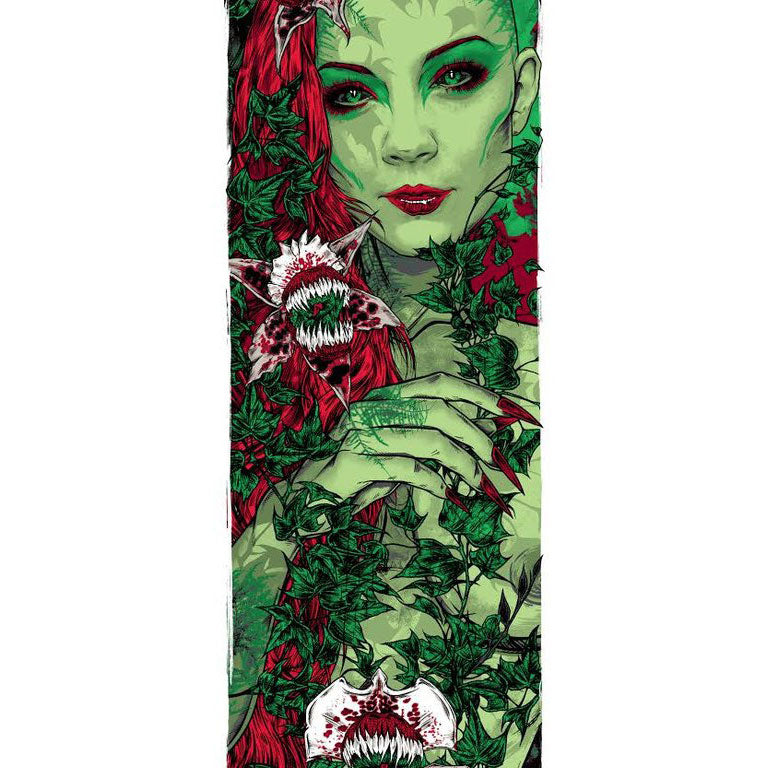 Rhys Coopers screen print shows a woman with long red hair, vibrant lips, and striking eyes amidst bold green and red colors. Ivy, flowers, vines, and carnivorous plants create an enchanting backdrop.