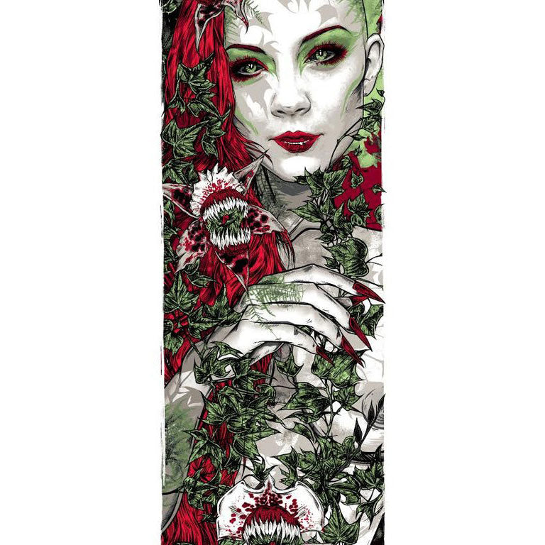 This artistic Rhys Cooper screen print vividly illustrates a serene woman with fiery red hair and lips, surrounded by lush ivy and carnivorous plants, using vibrant blends of green, red, and white.