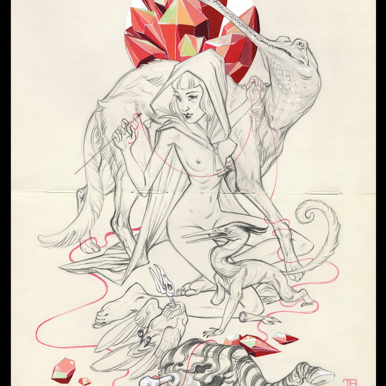 A J.A.W. Cooper-inspired surreal drawing shows a robed figure with mythical creatures, such as chameleons and dragon-like beings. A red and white geometric shape floats above, surrounded by intricate red lines created in gouache and graphite, adding to the mystical atmosphere.