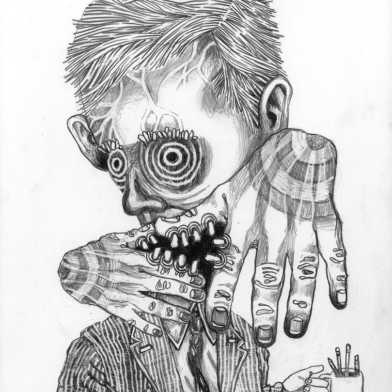 John Caseys surreal pencil drawing features a person with spiraled eyes and a large hand blending into their face. They wear a striped suit and hold a cup with pens, combining abstract and intricate elements. The piece is custom framed in black and white.
