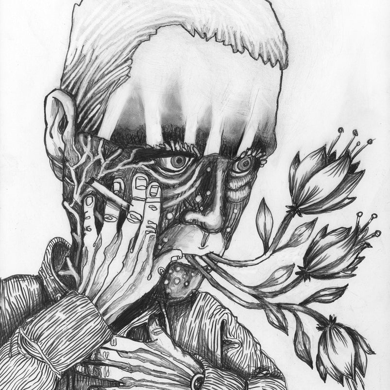 A surreal pencil on panel drawing by John Casey features a person with elongated fingers holding a cigarette, branches growing from their mouth ending in flowers, and an abstract visage. Dressed in a buttoned shirt, this captivating piece is part of Spotlight 2012.