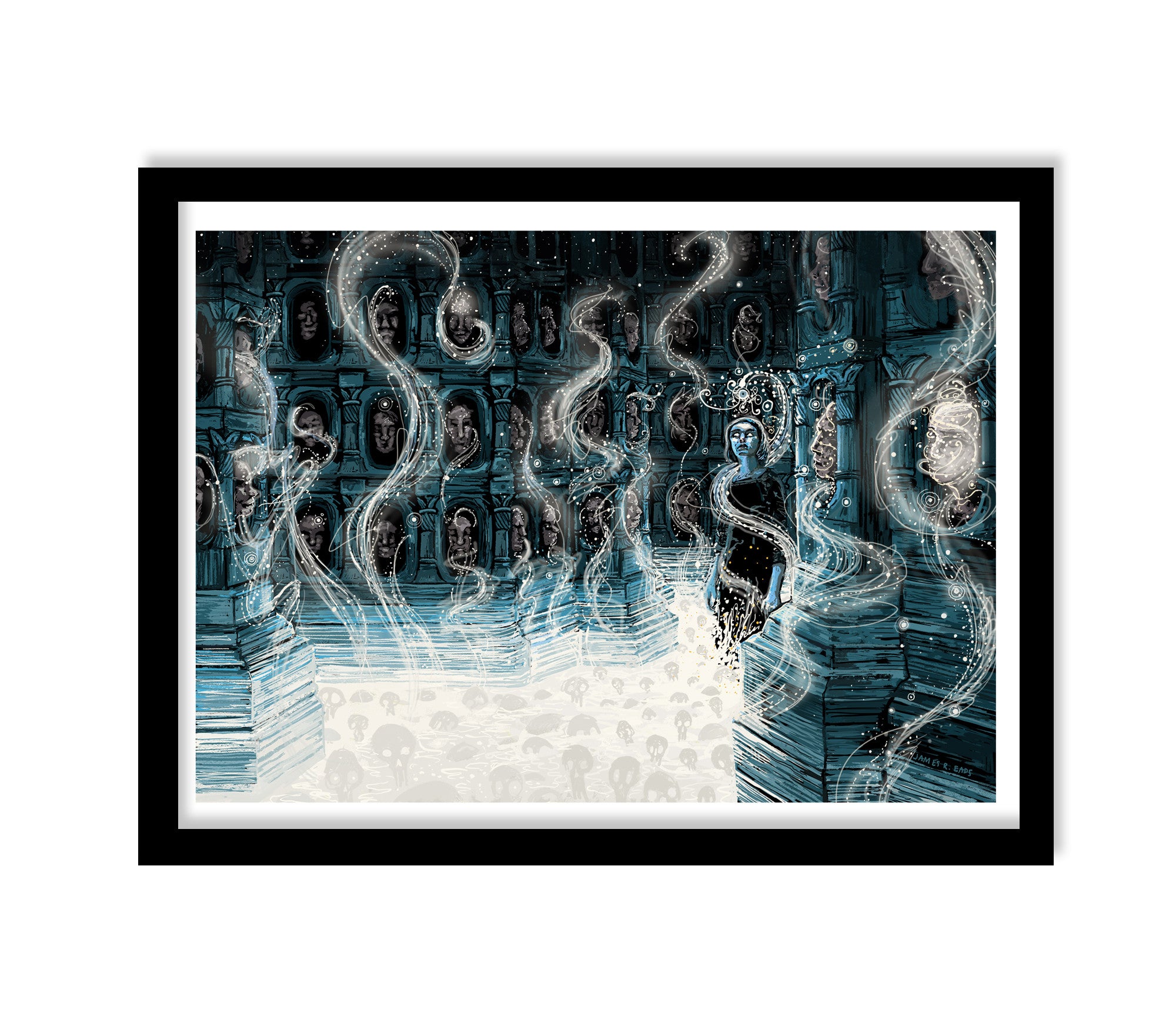The James R. Eads framed archival pigment print shows a mystical scene resembling the Hall of Faces, with ghostly figures swirling and a lone figure among glowing shapes and ethereal wisps on the textured surface.
