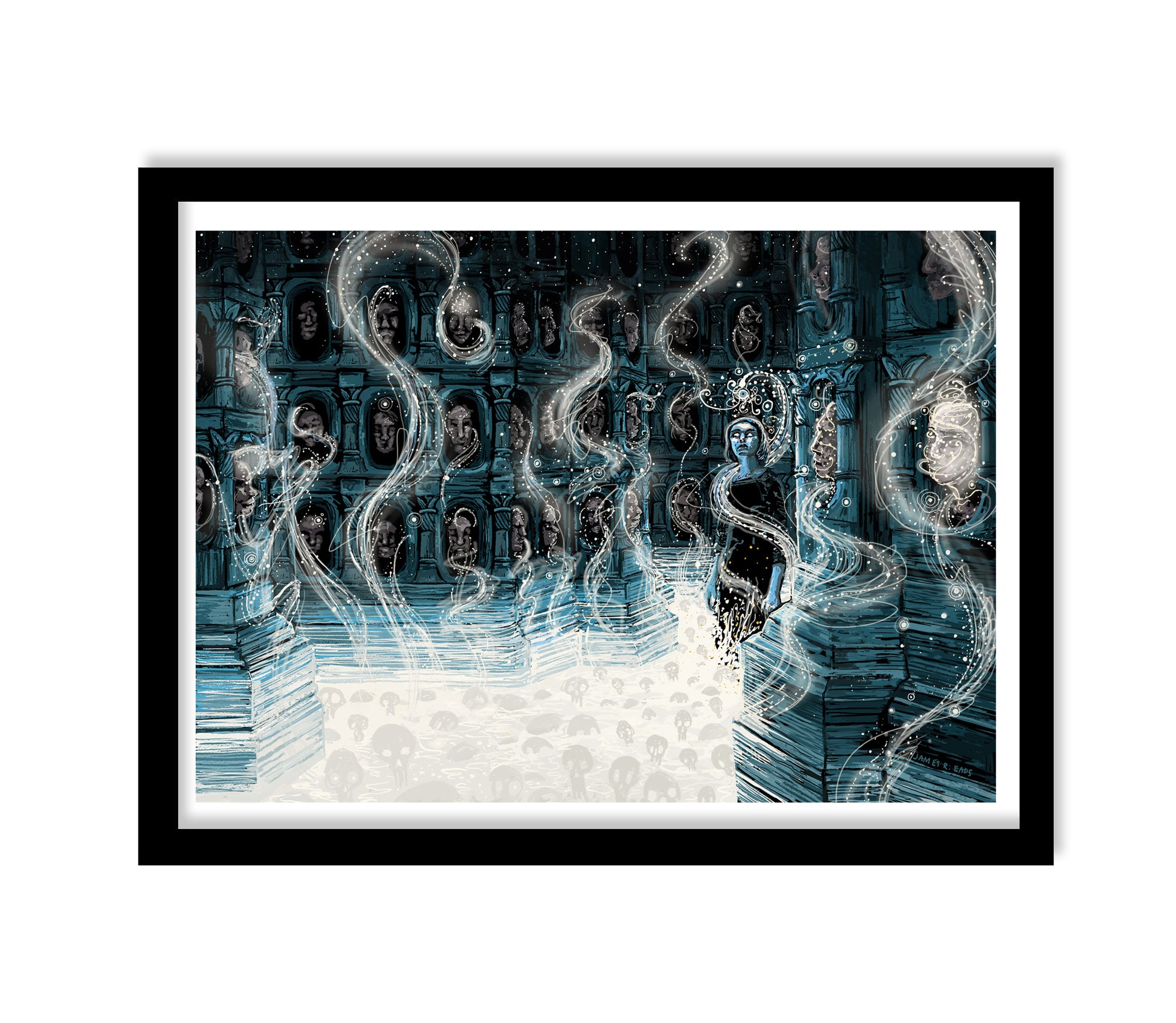 The James R. Eads framed archival pigment print shows a mystical scene resembling the Hall of Faces, with ghostly figures swirling and a lone figure among glowing shapes and ethereal wisps on the textured surface.