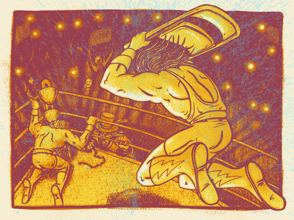A vibrant wrestling match illustration by James Flames shows a masked wrestler ready to strike with a chair, while the opponent reaches for a hat under bright lights. Part of a signed and numbered edition.