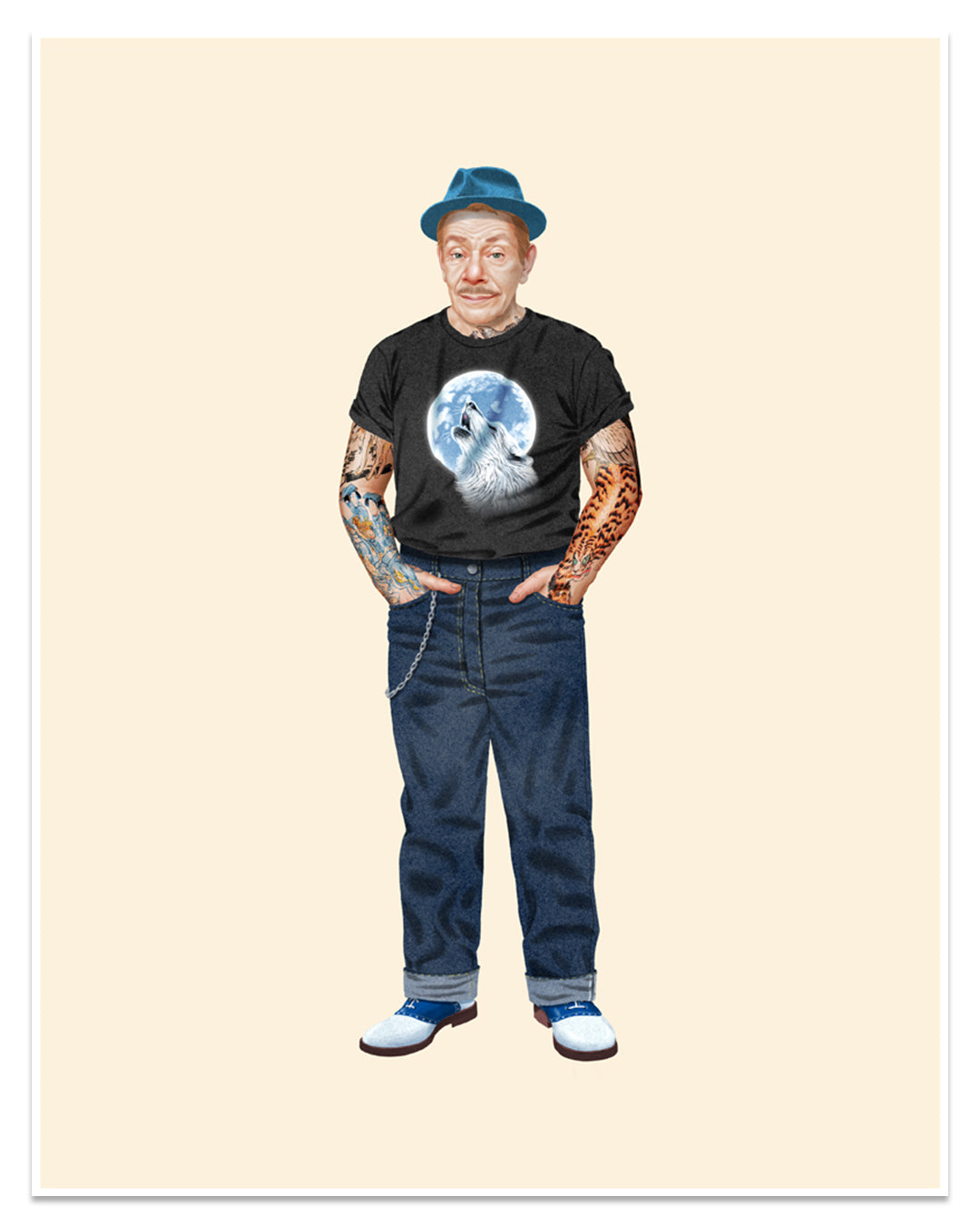 Jason Raish - Frank Constanza from Seinfeld dressed in hipster clothing with a fedora