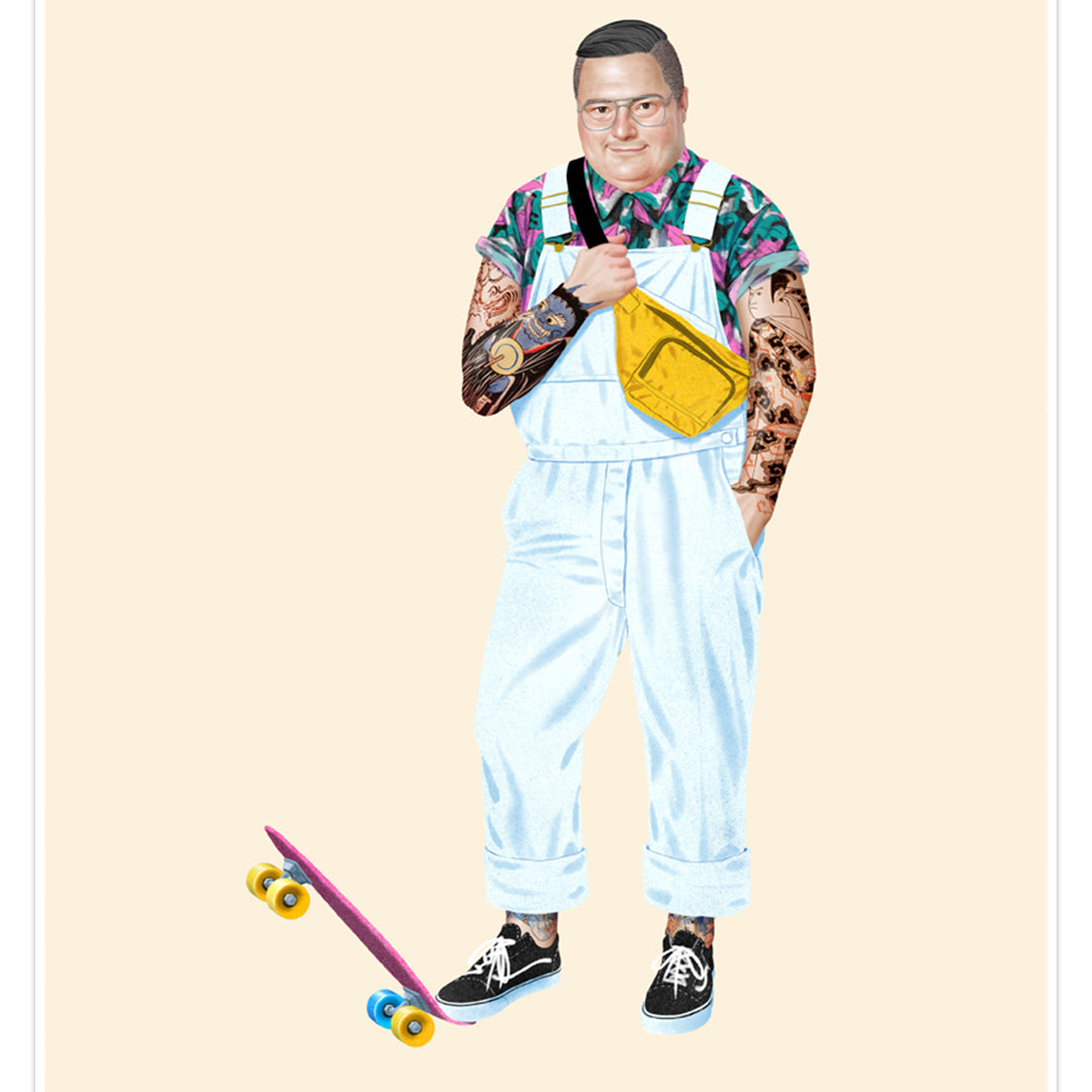Jason Raish - Newman from Seinfeld with hipster clothing, tattoos and skateboard
