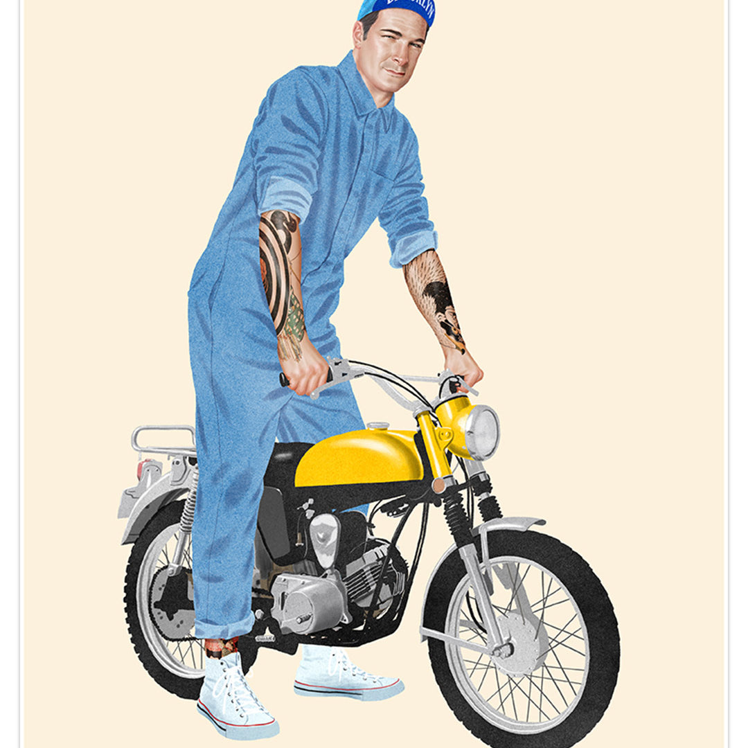 Jason Raish - Puddy from Seinfeld in hipster coveralls on a dirtbike