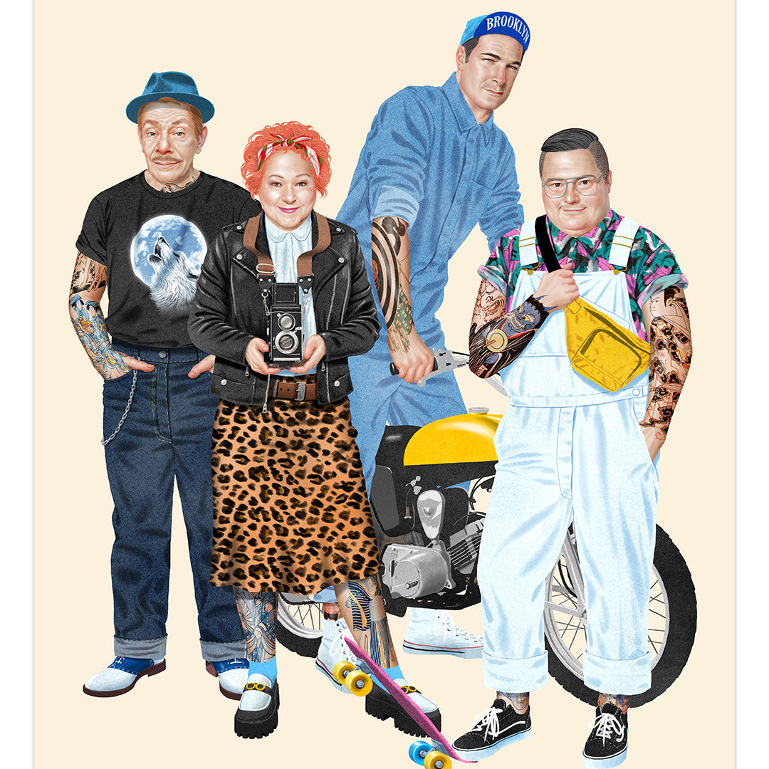 Jason Raish - Frank and Estelle Constanza with Puddy and Newman from Seinfeld in hipster garb with tattoos