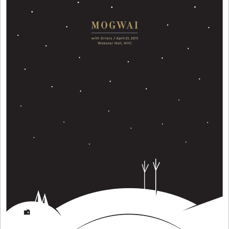 This Jason Munn screen print showcases a minimalist poster of a lone figure amidst snowy hills, a house, and barren trees under a starry sky. Text says Mogwai with Errors / April 21, 2011 Webster Hall, NYC, adding to the serene monochrome scene.